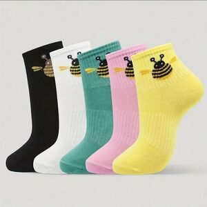 Colorful Bee Embroidered Ribbed Socks Set Ankle Socks